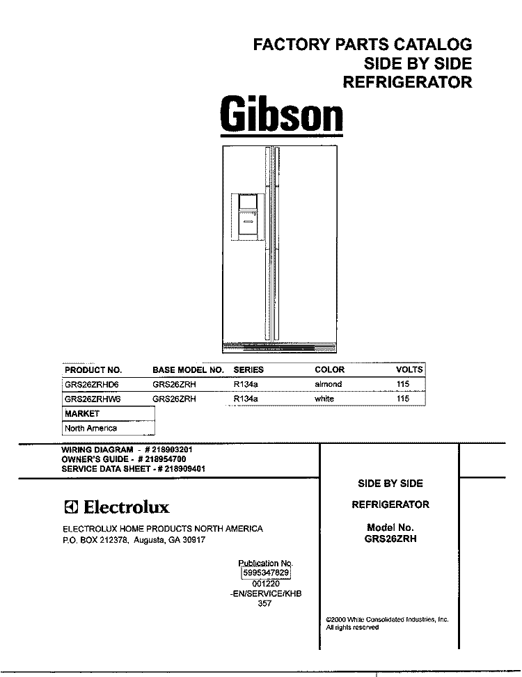 COVER Diagram and Parts List for GRS26ZRHW6  Gibson Refrigerator