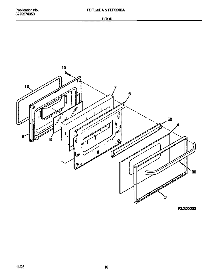 DOOR Diagram and Parts List for FEF322BADD  Frigidaire Range