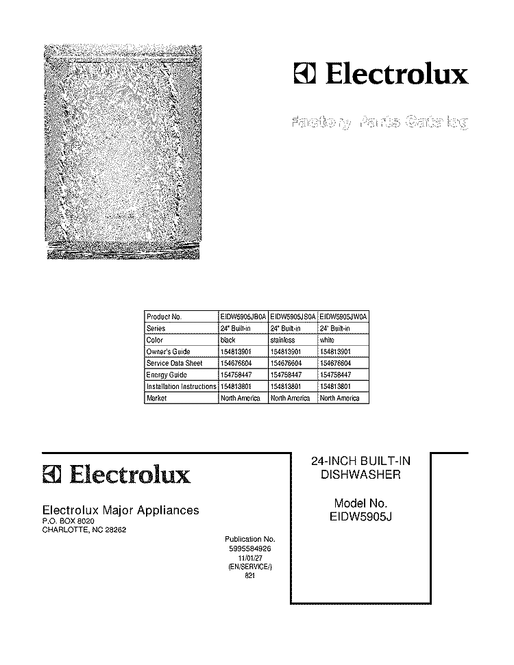 COVER Diagram and Parts List for EIDW5905JW0A  Electrolux Dishwasher