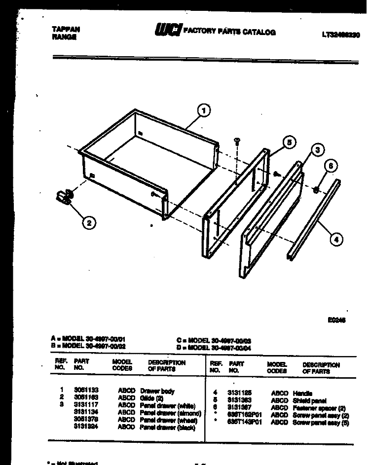 DRAWER PARTS Diagram and Parts List for 30-4997-23-03  Tappan Range