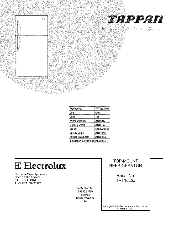 COVER Diagram and Parts List for TRT15L2JW1  Tappan Refrigerator