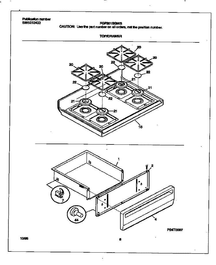 TOP / DRAWER Diagram and Parts List for FGF351SGWB  Frigidaire Range