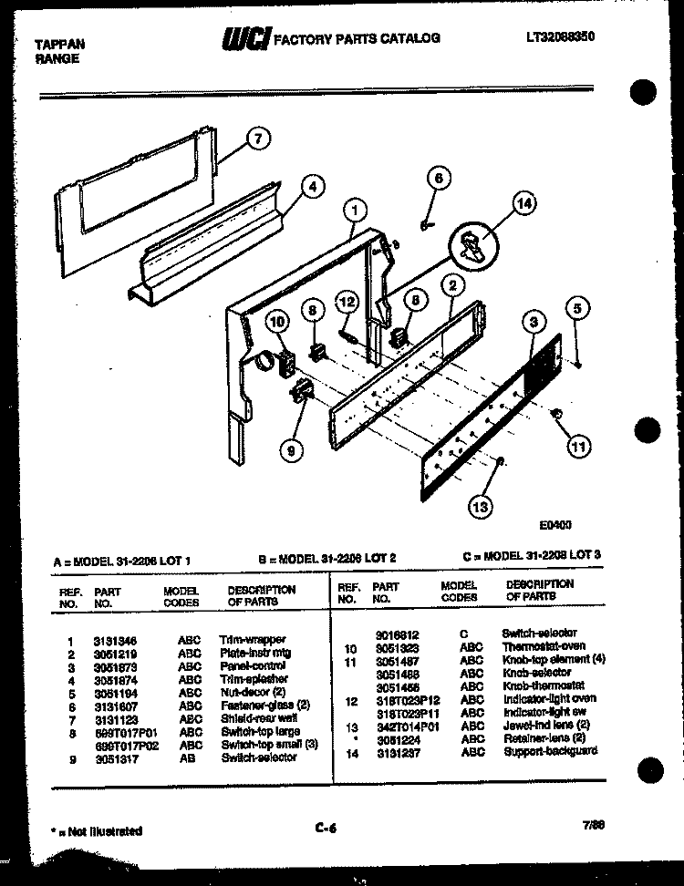 BACKGUARD Diagram and Parts List for 31-2208-00-03  Tappan Range