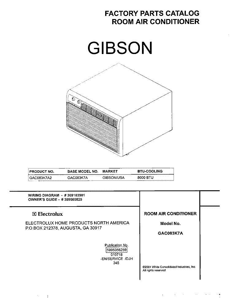 COVER Diagram and Parts List for GAC083K7A2  Gibson Air Conditioner