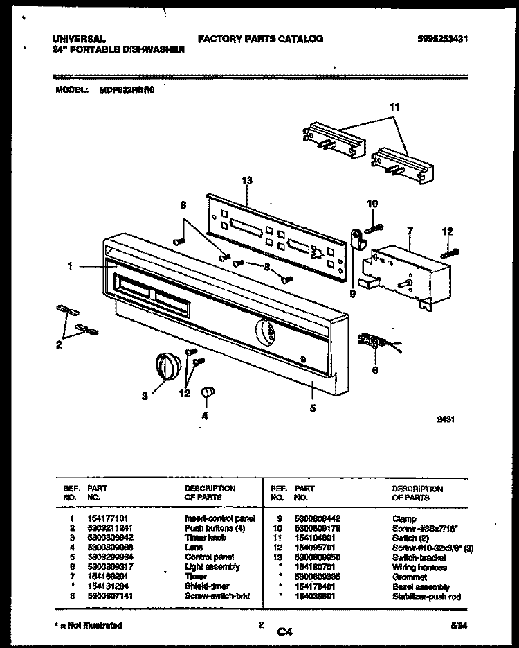CONSOLE AND CONTROL PARTS Diagram and Parts List for MDP632RBR0  Frigidaire Dishwasher