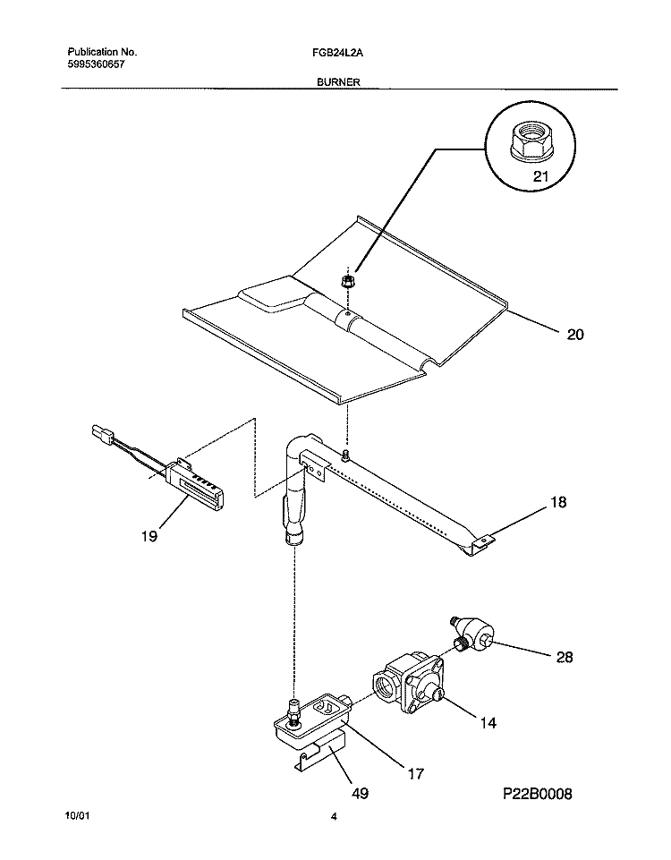 BURNER Diagram and Parts List for FGB24L2ABA  Frigidaire Wall Oven