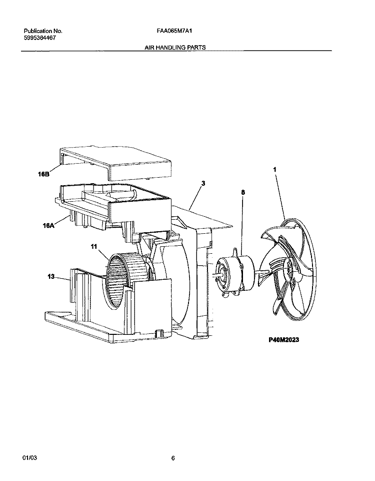 AIR HANDLING PARTS Diagram and Parts List for FAA065M7A1  Frigidaire Air Conditioner
