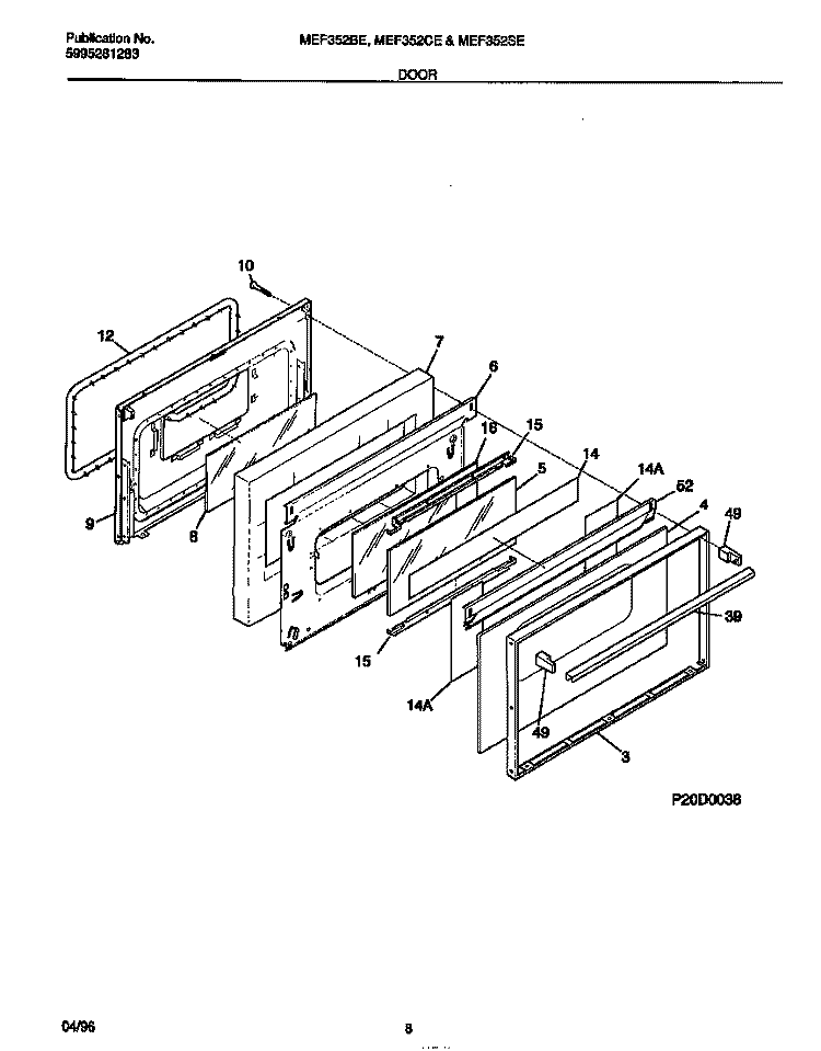 DOOR Diagram and Parts List for MEF352CESA  Frigidaire Range