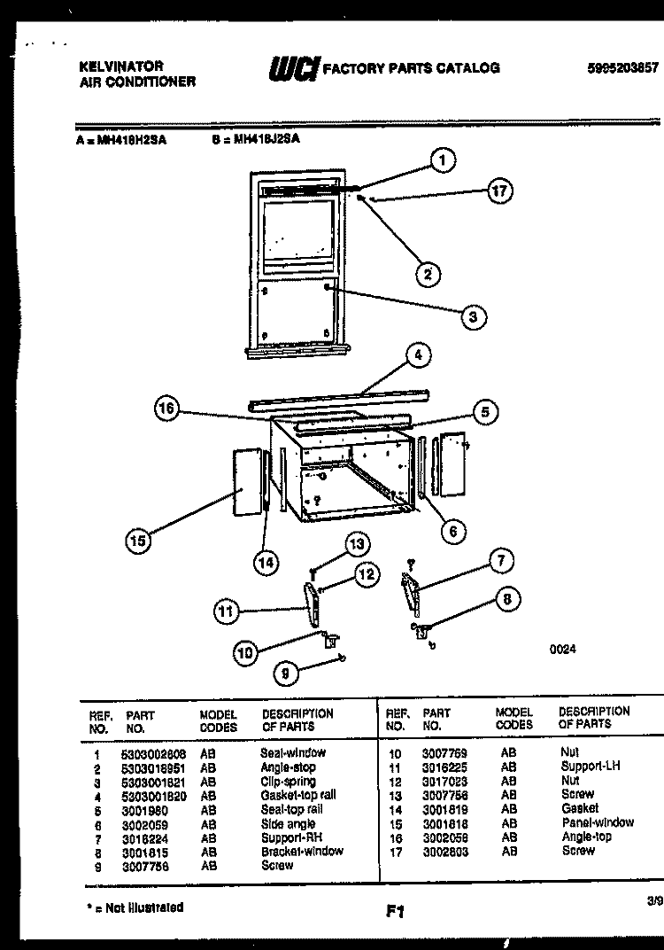 CABINET AND INSTALLATION PARTS Diagram and Parts List for MH418J2SA  Kelvinator Air Conditioner