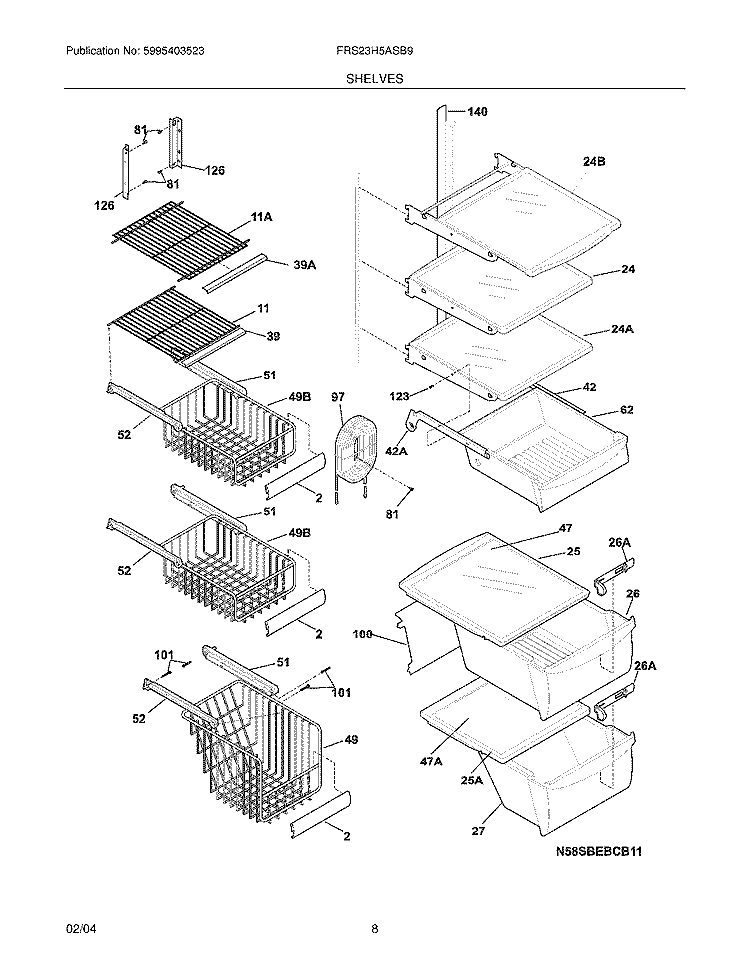 SHELVES Diagram and Parts List for FRS23H5ASB9  Frigidaire Refrigerator