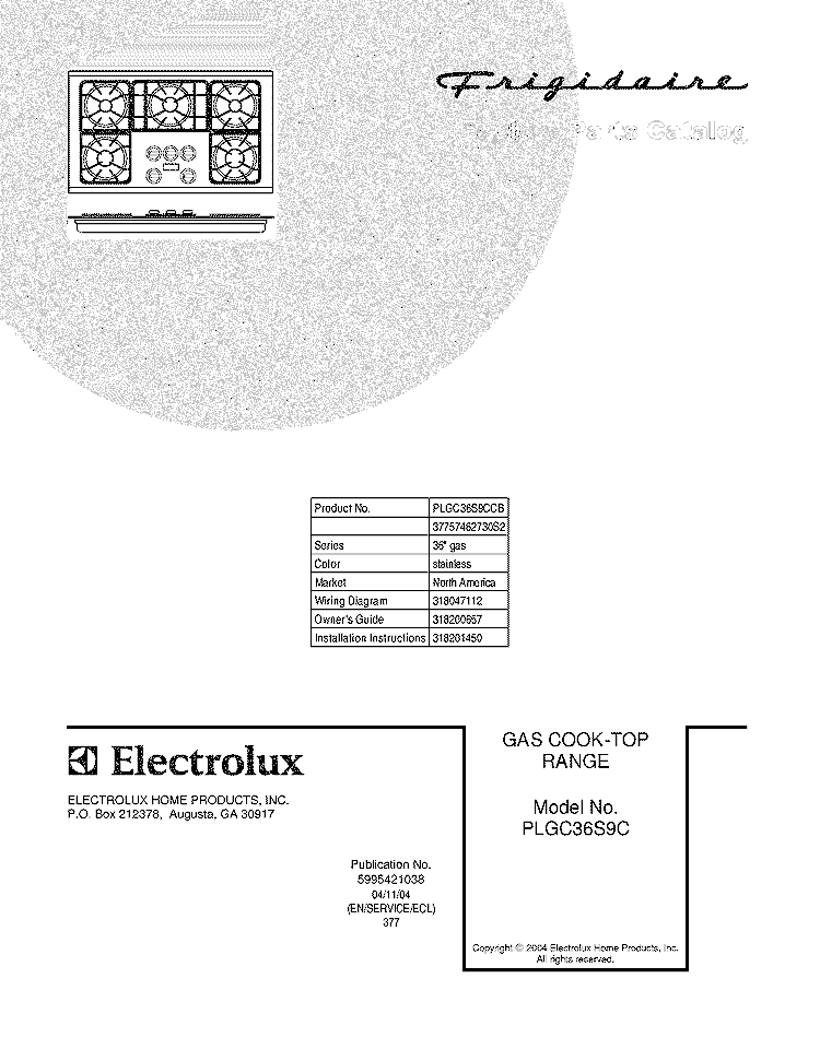COVER Diagram and Parts List for PLGC36S9CCB  Frigidaire Cooktop