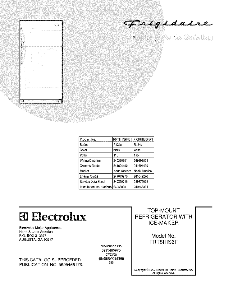 COVER Diagram and Parts List for FRT8HIS6FB1  Frigidaire Refrigerator