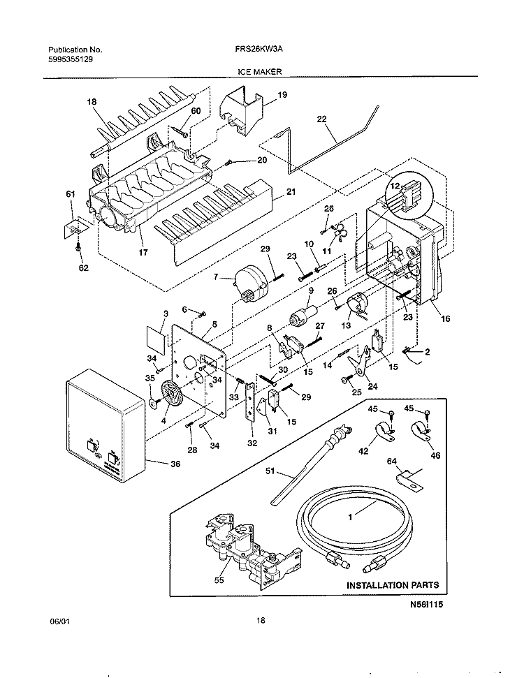 ICE MAKER Diagram and Parts List for FRS26KW3AQ0  Frigidaire Refrigerator