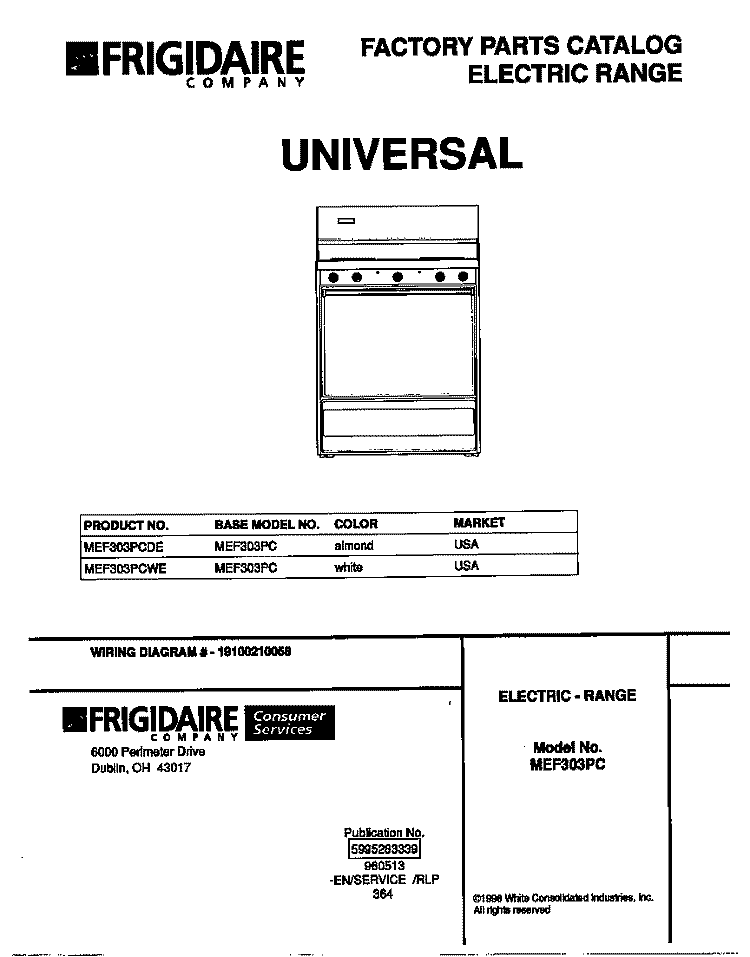 COVER Diagram and Parts List for MEF303PCDE  Frigidaire Range