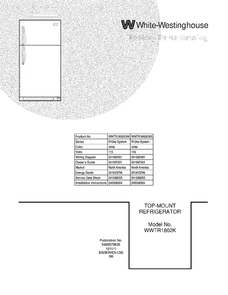 COVER Diagram and Parts List for WWTR1802KW5  Crosley Refrigerator