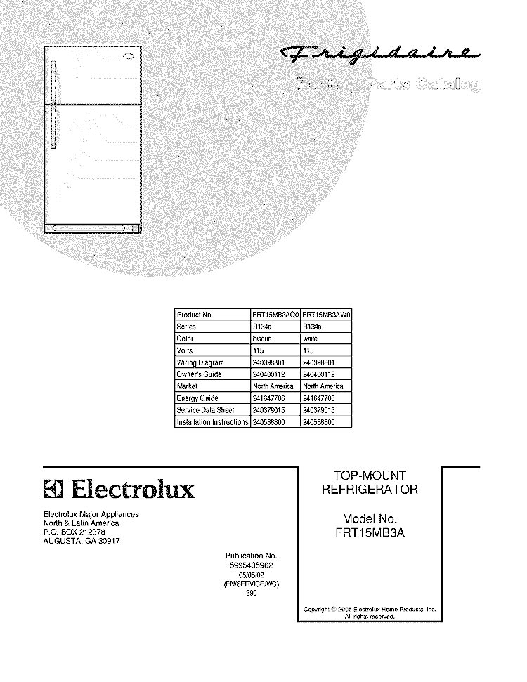 COVER Diagram and Parts List for FRT15MB3AQ0  Frigidaire Refrigerator