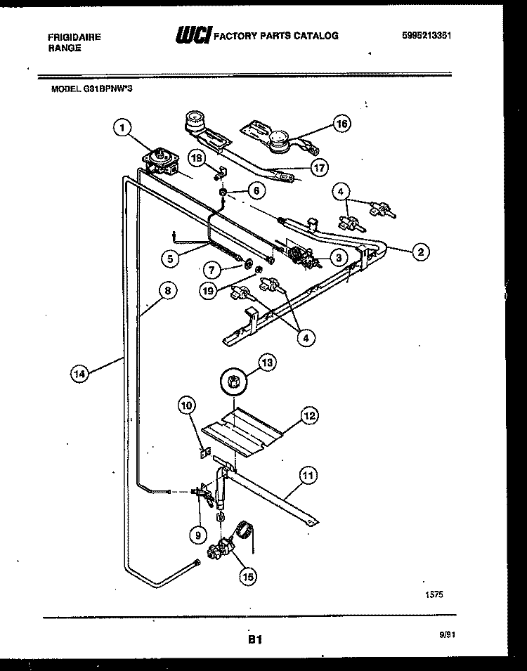 BURNER, MANIFOLD AND GAS CONTROL Diagram and Parts List for G31BPNL3  Frigidaire Range