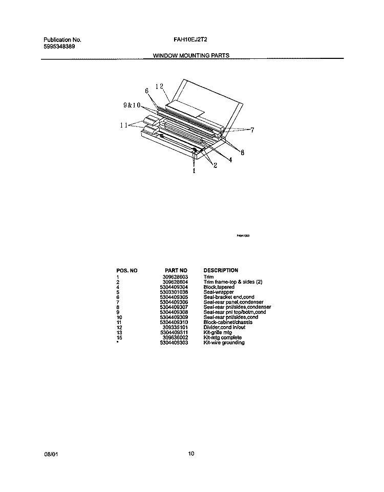 WINDOW MOUNTING PARTS Diagram and Parts List for FAH10EJ2T2  Frigidaire Air Conditioner
