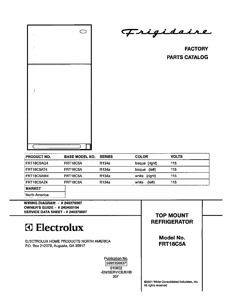 COVER Diagram and Parts List for FRT18C5AW4  Frigidaire Refrigerator