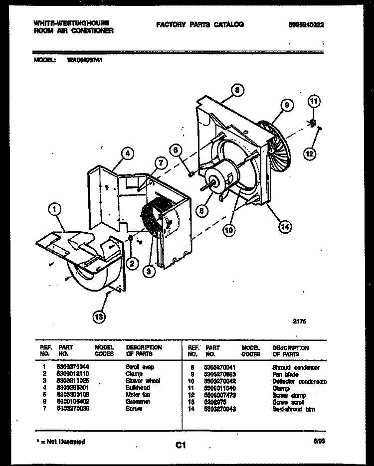 AIR HANDLING PARTS Diagram and Parts List for WAC063S7A1  Frigidaire Air Conditioner