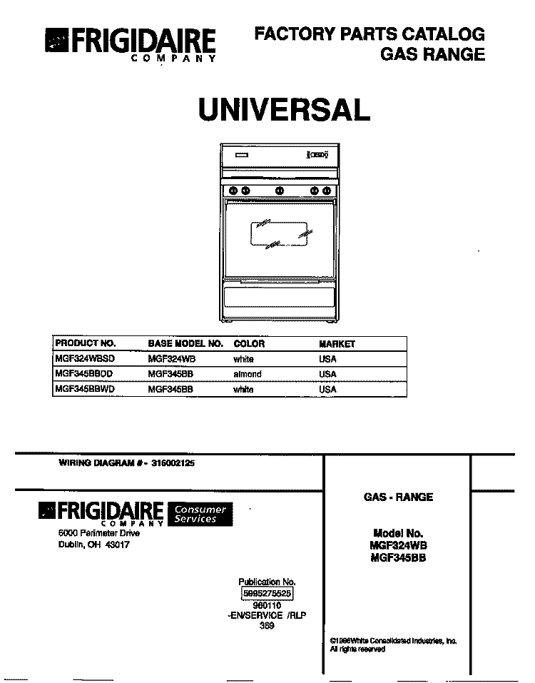 COVER Diagram and Parts List for MGF324WBSD  Frigidaire Range