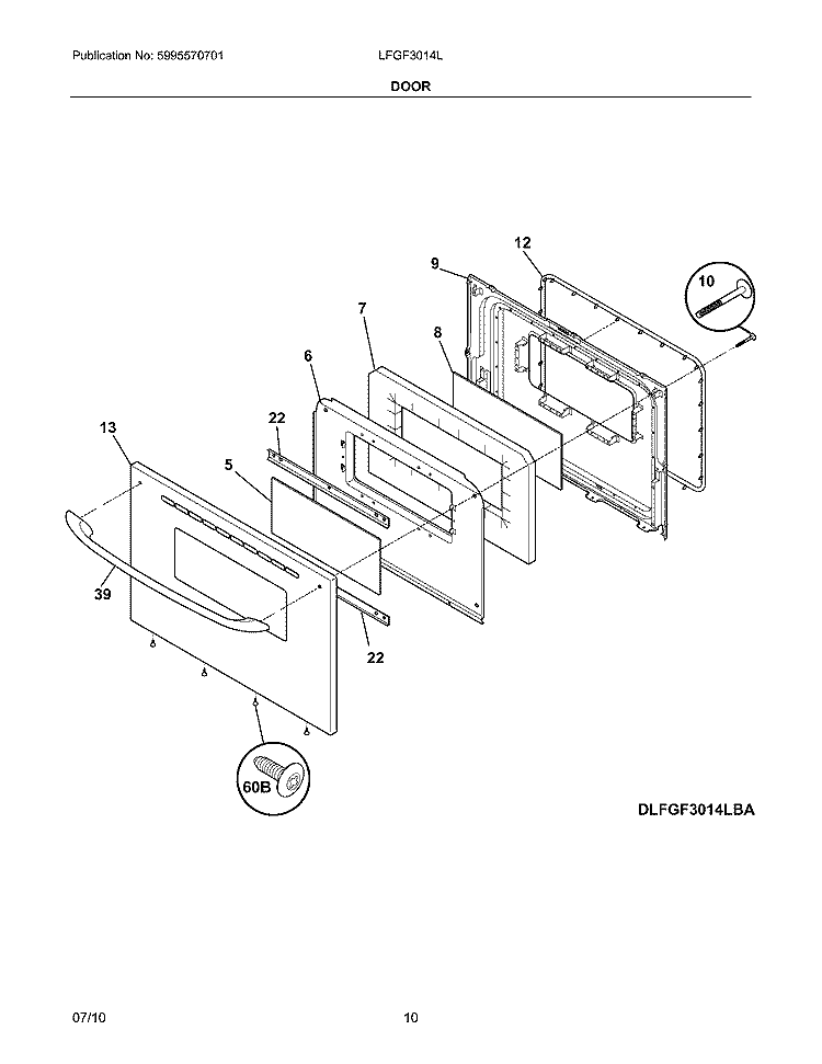 DOOR Diagram and Parts List for LFGF3014LBA  Frigidaire Range
