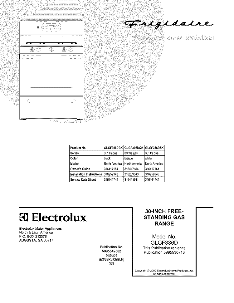 COVER Diagram and Parts List for GLGF386DSK  Frigidaire Range