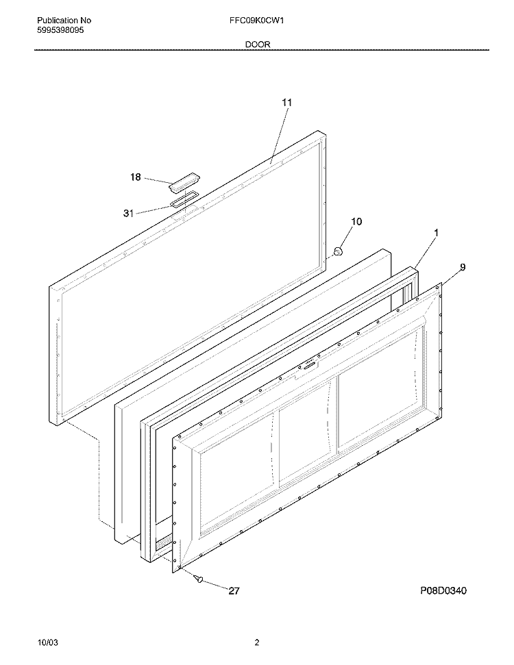 DOOR Diagram and Parts List for FFC09K0CW1  Frigidaire Freezer