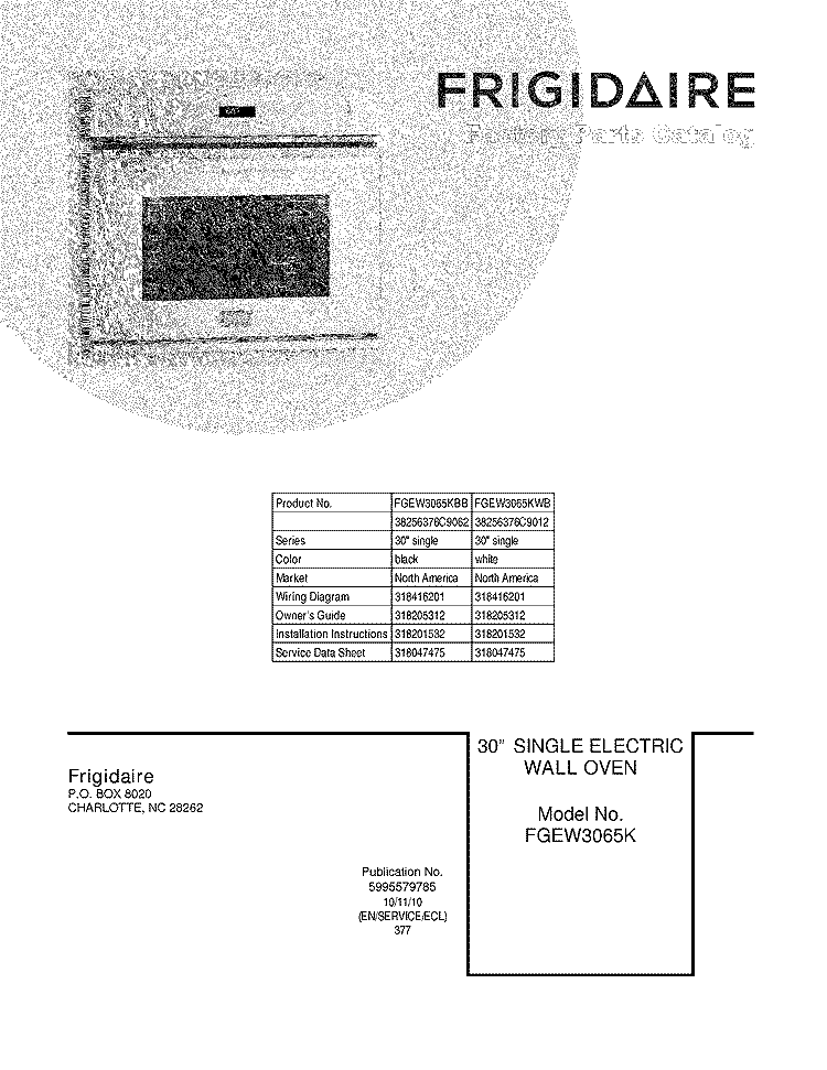 COVER Diagram and Parts List for FGEW3065KWB  Frigidaire Wall Oven