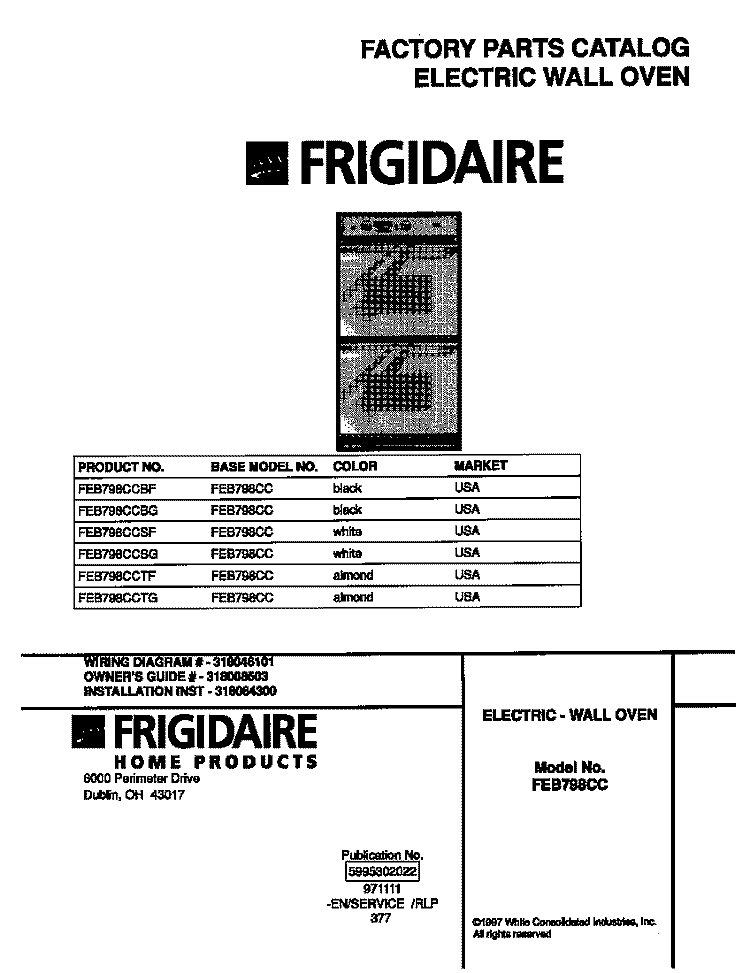 COVER Diagram and Parts List for FEB798CCTF  Frigidaire Wall Oven