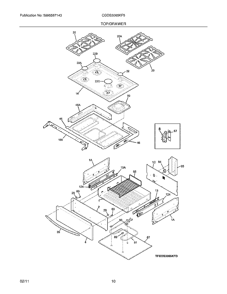 TOP/DRAWER Diagram and Parts List for CGDS3065KF5  Frigidaire Range