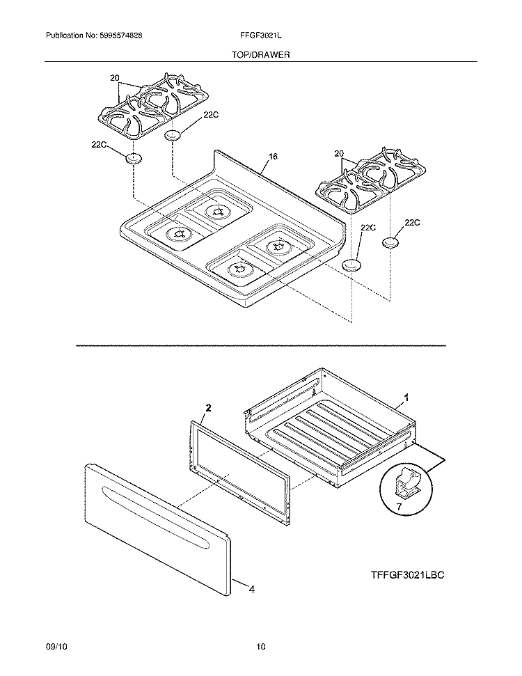 TOP DRAWER Diagram and Parts List for FFGF3021LBC  Frigidaire Range