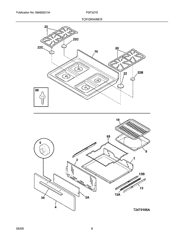TOP/DRAWER Diagram and Parts List for FGF337GUD  Frigidaire Range