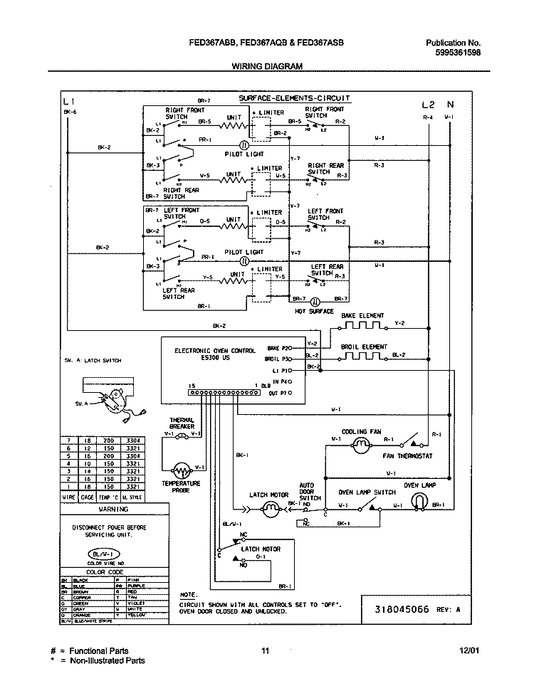 WIRING DIAGRAM Diagram and Parts List for FED367AQA  Frigidaire Range