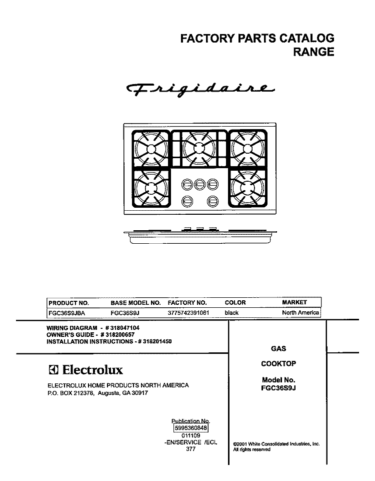 COVER Diagram and Parts List for FGC36S9JBA  Frigidaire Cooktop