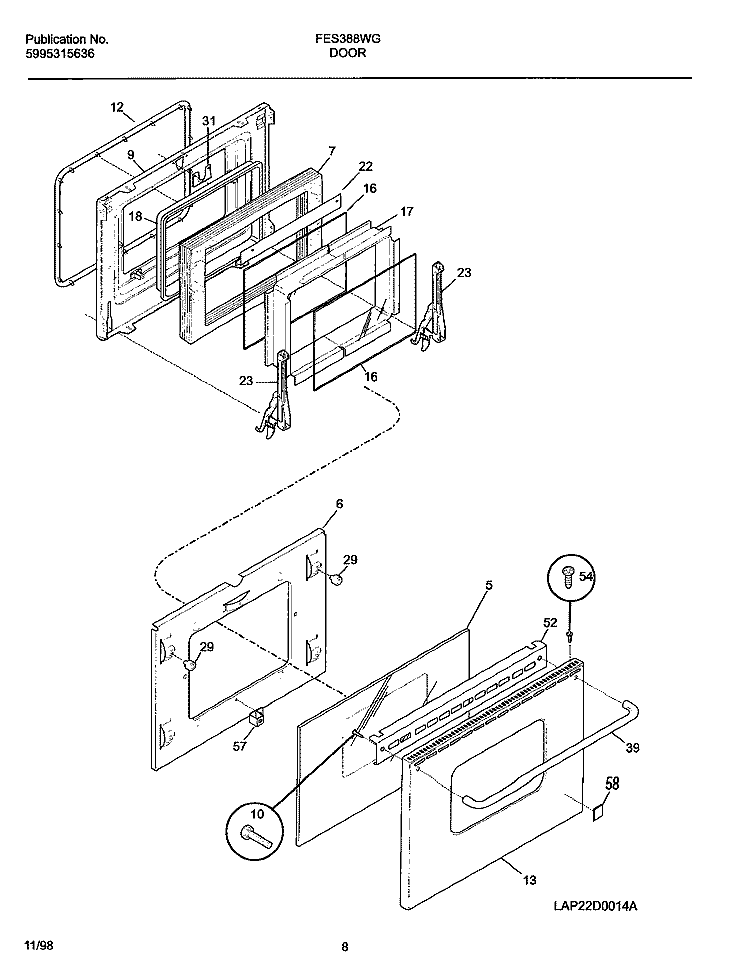 DOOR Diagram and Parts List for FES388WGCC  Frigidaire Range