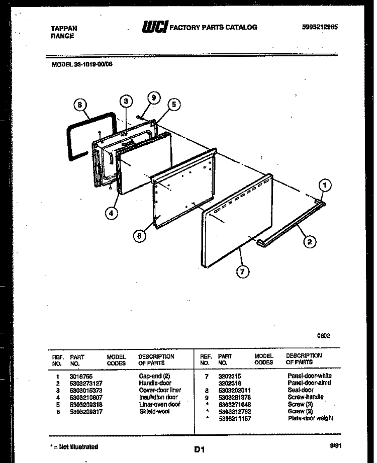 DOOR PARTS Diagram and Parts List for 32-1019-00-06  Tappan Range