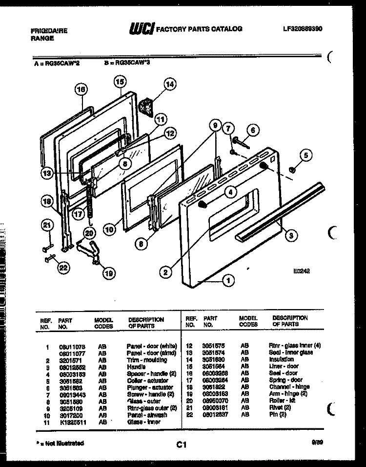 DOOR PARTS Diagram and Parts List for RG35CAW2  Frigidaire Range