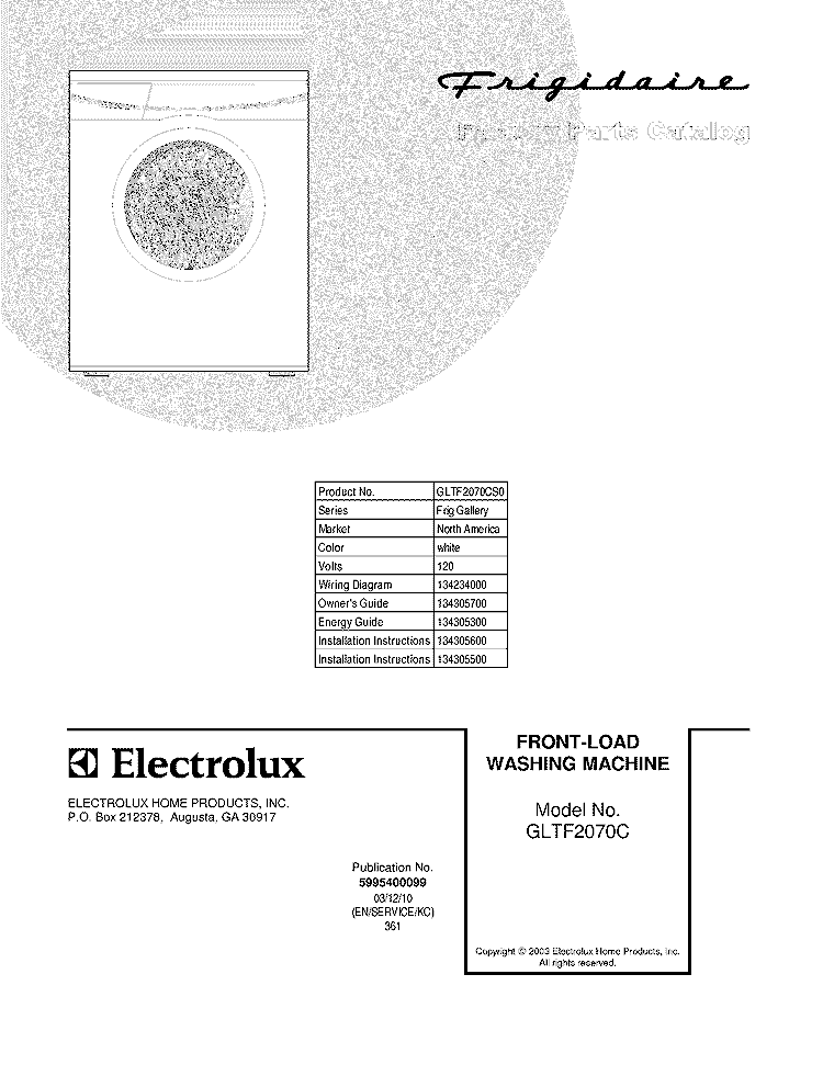 COVER Diagram and Parts List for GLTF2070CS0  Frigidaire Washer