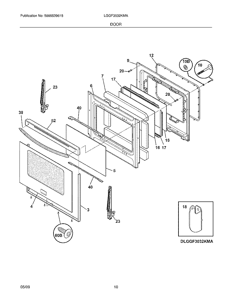 DOOR Diagram and Parts List for LGGF3032KMA  Frigidaire Range