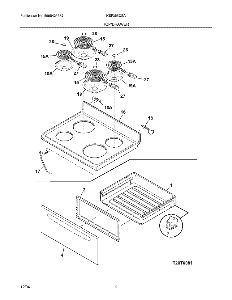 TOP / DRAWER Diagram and Parts List for KEF355DSA  Kelvinator Range