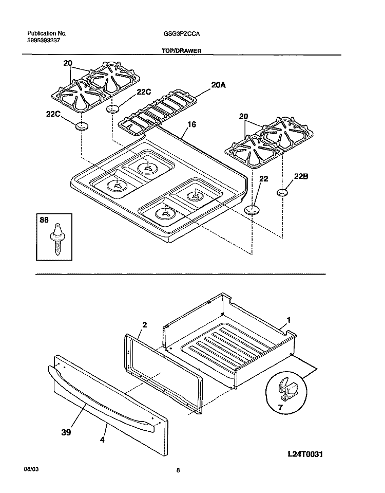 TOP / DRAWER Diagram and Parts List for GSG3PZCCA  Frigidaire Range