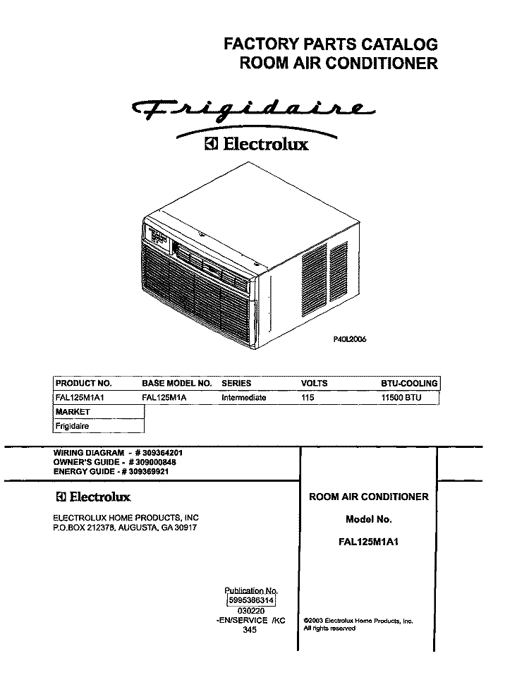 COVER Diagram and Parts List for FAL125M1A1  Frigidaire Air Conditioner