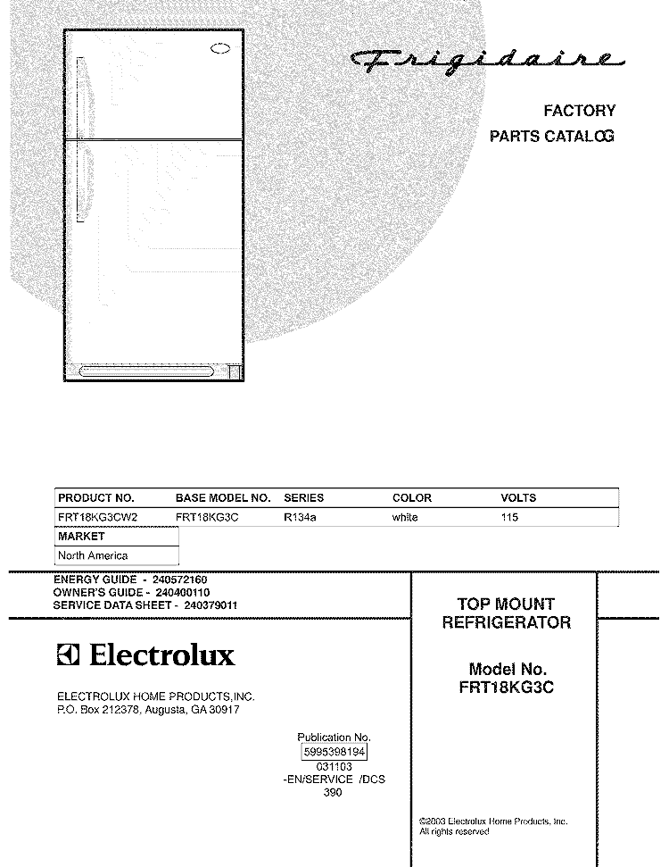 COVER Diagram and Parts List for FRT18KG3CW2  Frigidaire Refrigerator