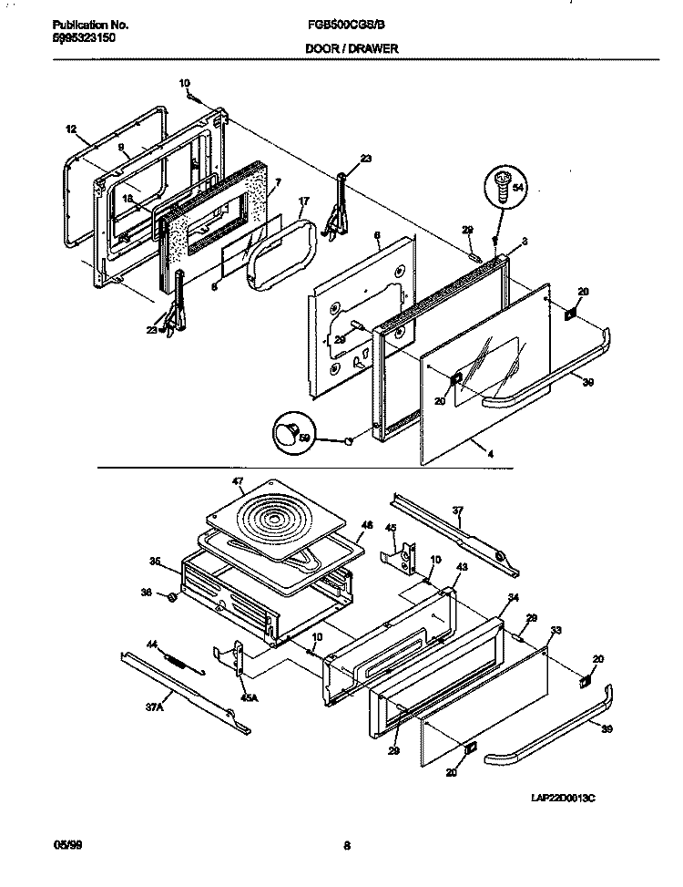 DOOR Diagram and Parts List for FGB500CGBB  Frigidaire Wall Oven