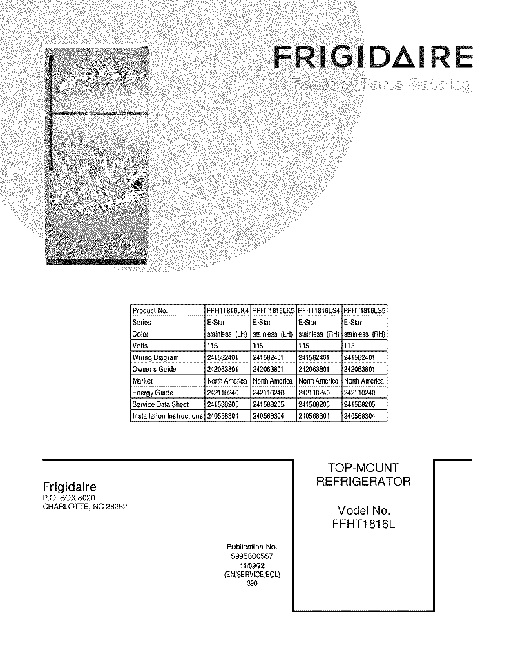 COVER Diagram and Parts List for FFHT1816LK4  Frigidaire Refrigerator