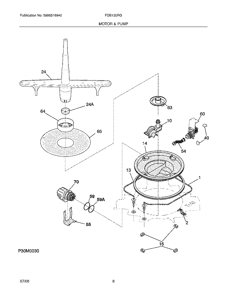 MOTOR & PUMP Diagram and Parts List for FDB130RGQ3  Frigidaire Dishwasher