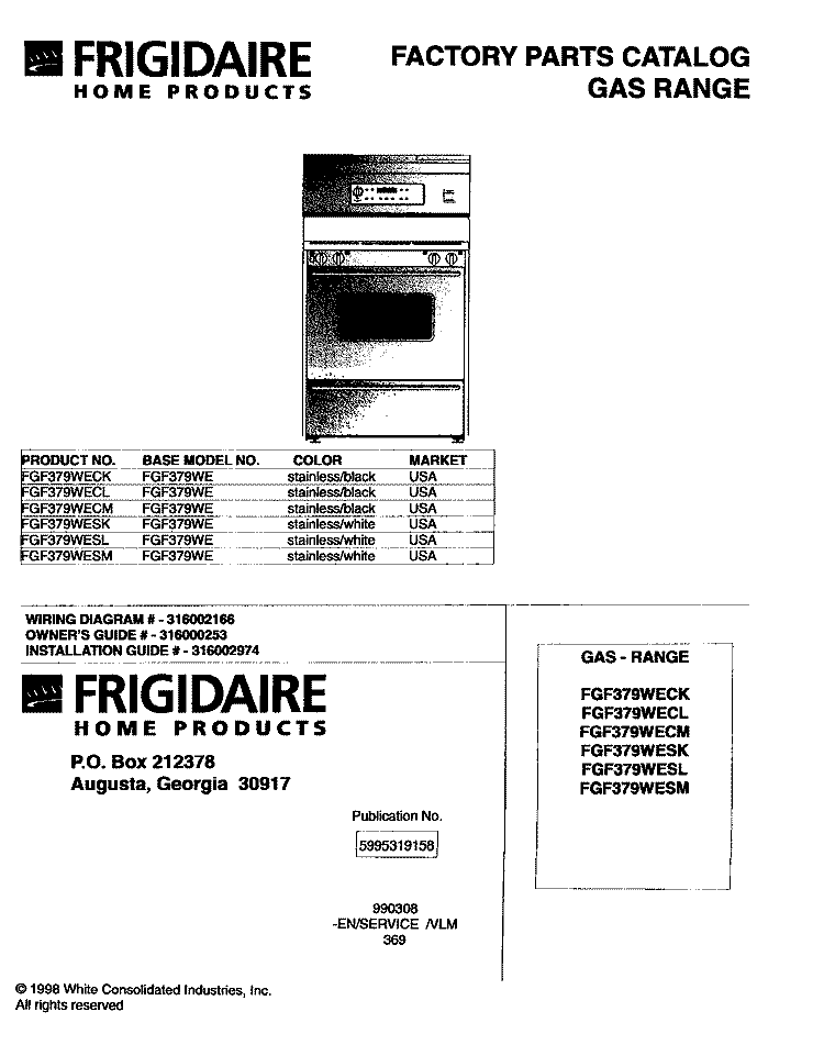 COVER Diagram and Parts List for FGF379WESK  Frigidaire Range