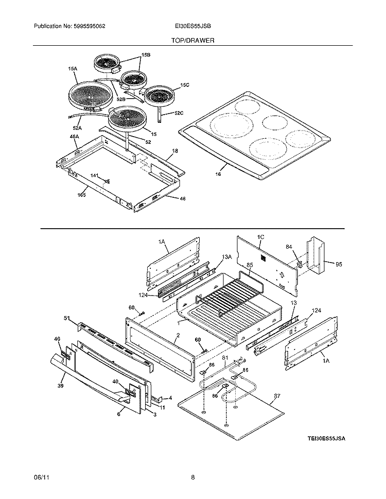 TOP/DRAWER Diagram and Parts List for EI30ES55JSB  Electrolux Range
