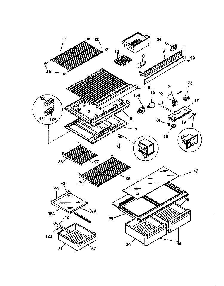 SHELVES, CONTROLS Diagram and Parts List for WRT18JRCW0  Frigidaire Refrigerator